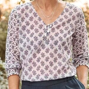 J. Jill Blockprint Floral V-neck Top Lightweight Cotton Size L